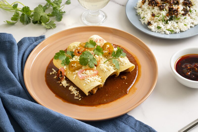 Roasted Chicken Enchiladas with Butternut Squash Mole & Mexican Rice