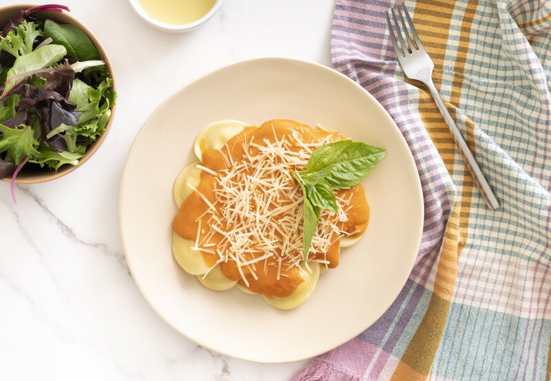 Italian Sausage Ravioli alla Vodka with Arugula Salad & Lemon Vinaigrette