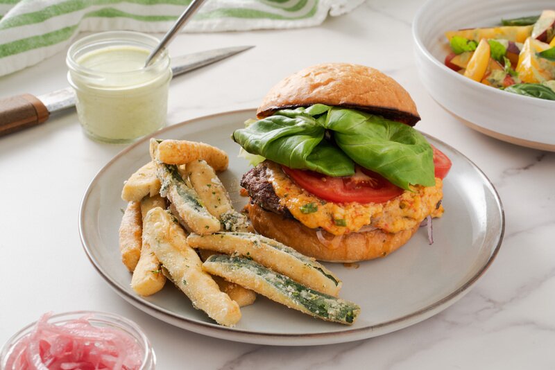 Pimento Cheese Grass Fed Beef Burger with Dill Zucchini Fries & Greek Goddess Dressing