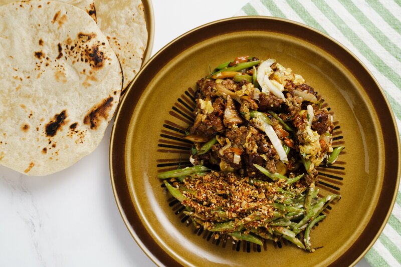 Moo Shu Pork Tacos with Asian Honey-Mustard Green Bean Salad