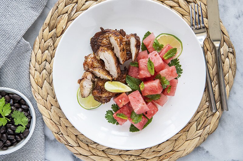 Jamaican Jerk Chicken with Watermelon Salad & Hot Honey